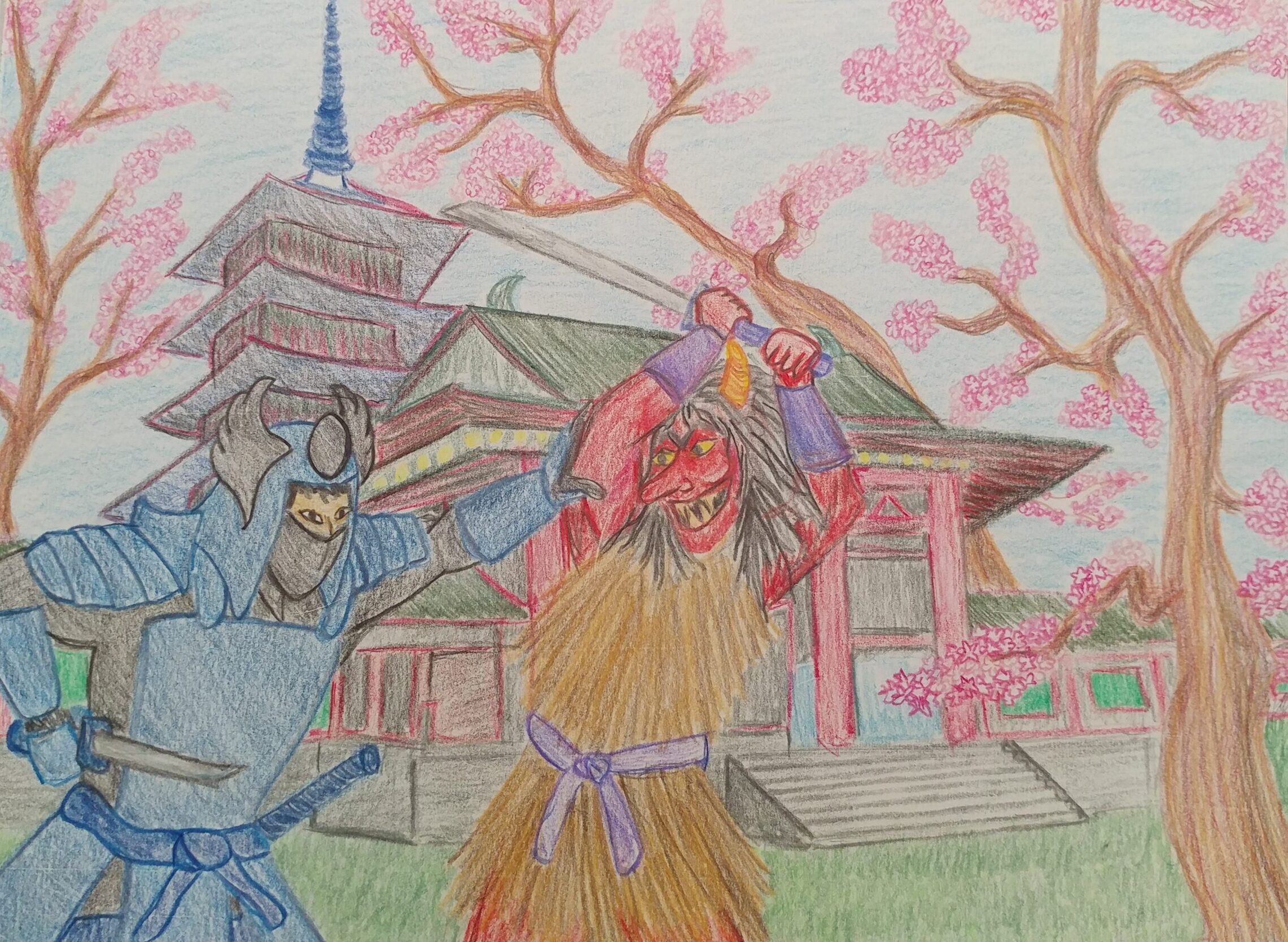 Akuma to Notatakai (roughly translated "fighting demons") colored pencil on bristol Samurai fighting and Oni In front of a temple during cherry trees blossoming