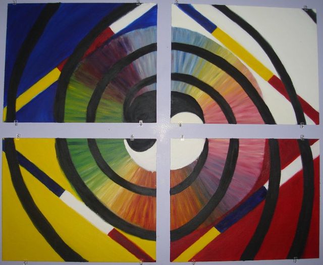 Interdependence 4 In four parts. Four panel oil painting exploring interdependence and the cycles of the four seasons as a binding philospohy through color and geometry