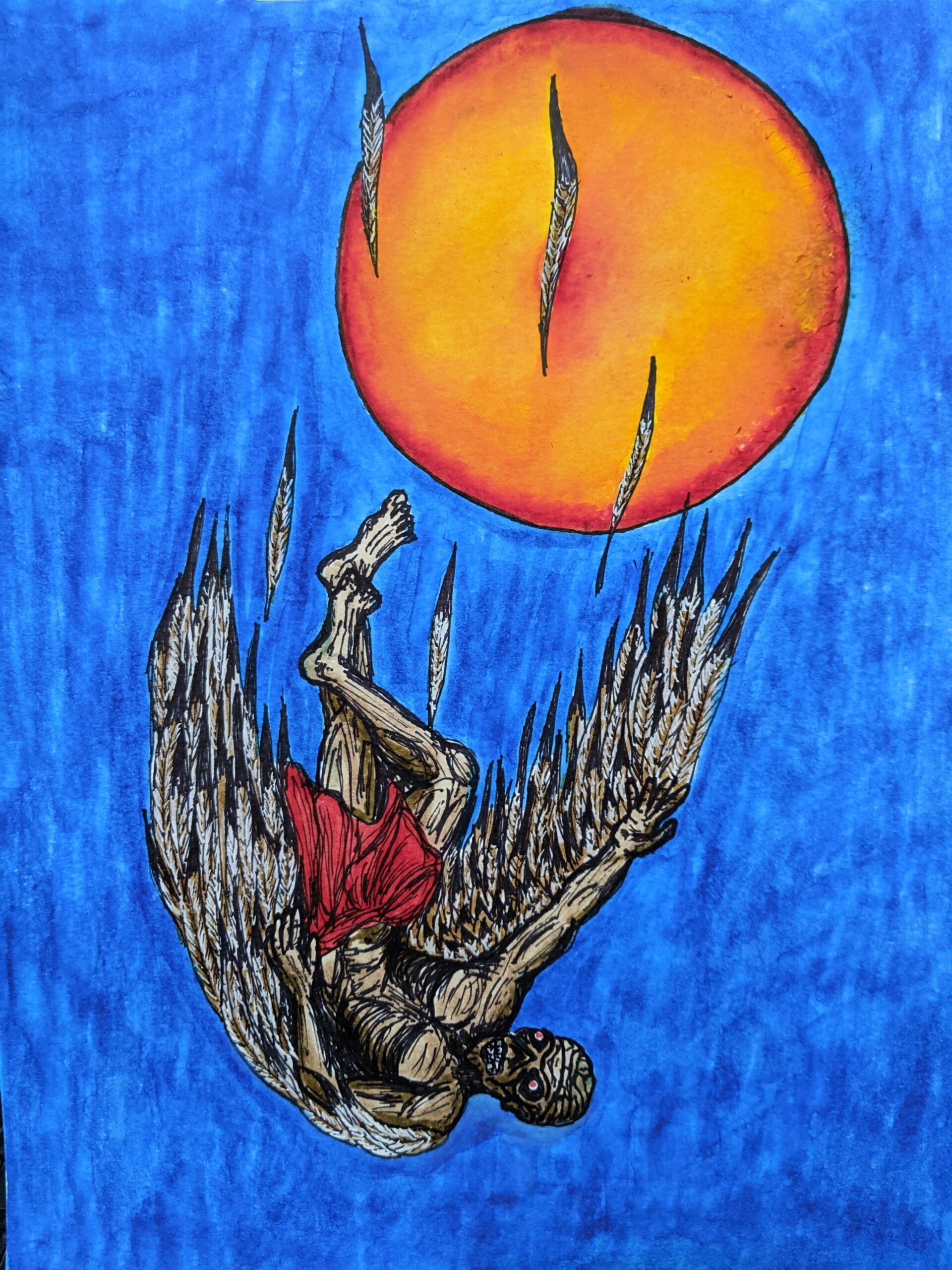 The Fall of Eddie 9x12 brush pen drawing of Iron Maidens Eddie as Icarus falling away from the sun from the Flight of Icarus. Bright rich blue sky and yellowish orange red sun