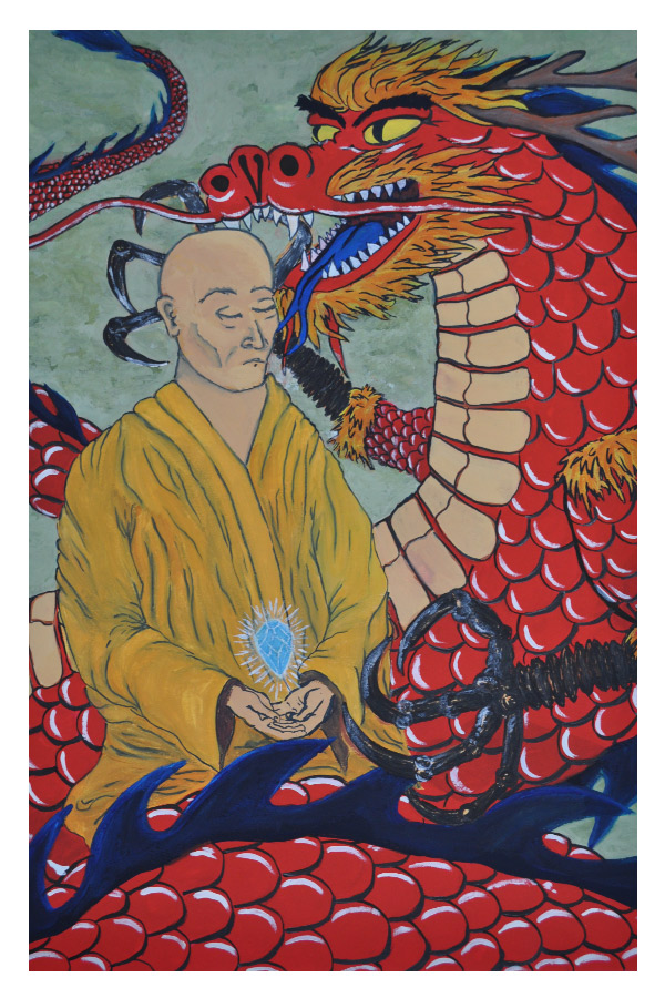 Monk holding the jewel of enlightment unfazed though he is swarmed by a red storm dragon zen