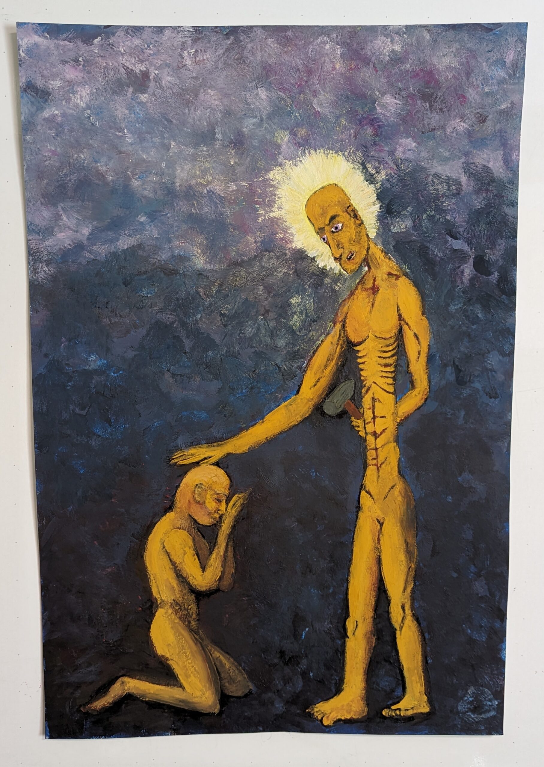 It will be alright. gouache painting 12x18 God with hammer behind back ready to kill man kneeling and begging for help